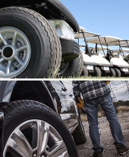 Close-up photo of golf cart and work truck